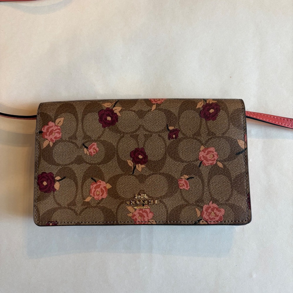 Coach Hayden Foldover Crossbody Clutch Signature Canvas Floral Rose Brown Pink